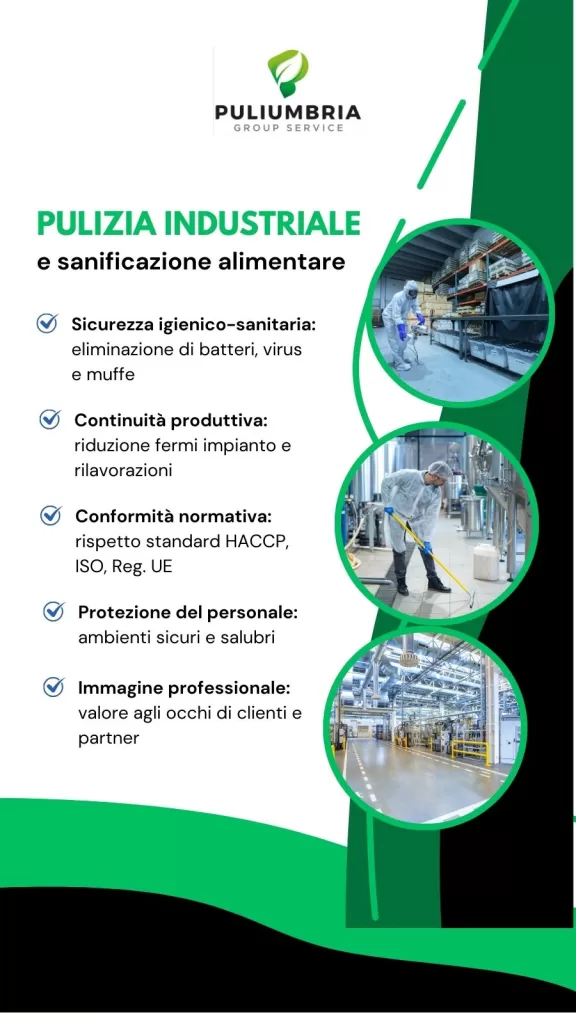 pulizia industriale e sanificazione__Infografica con vantaggi della pulizia industriale e sanificazione per aziende alimentari